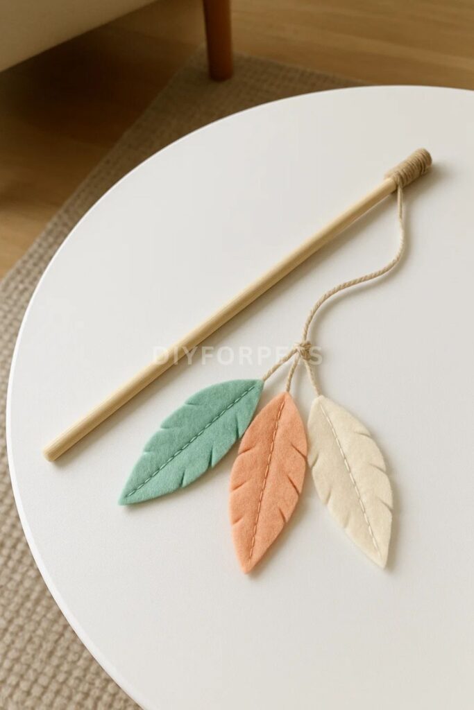 handmade cat wand with felt feathers