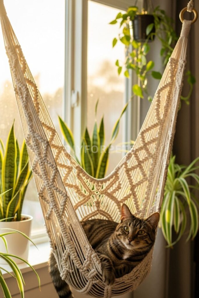 Window-Mounted Macrame Cat Hammock